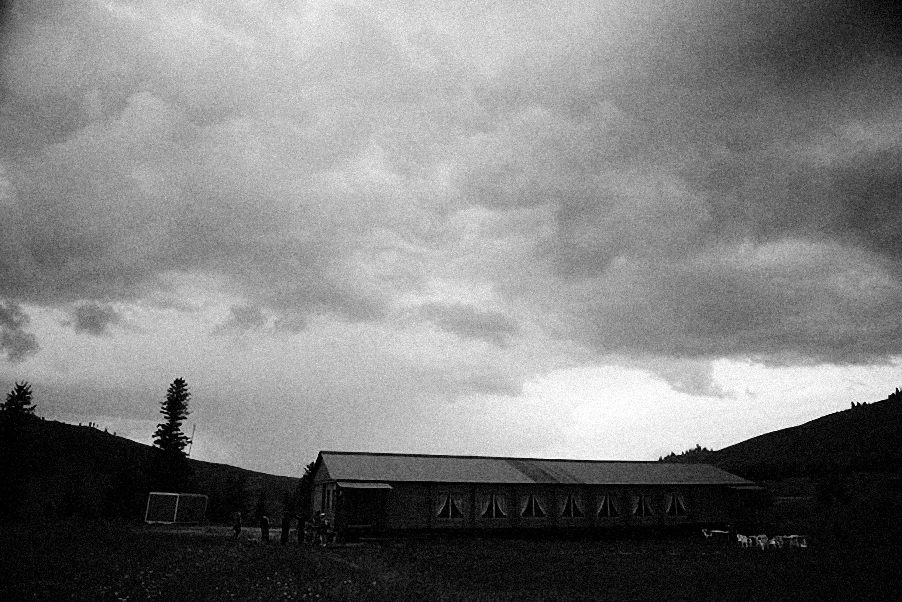 Field hospital tent under overcast sky