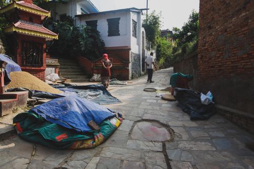 Free A rural street scene in a village with locals handling harvested crops, showcasing daily life. Stock Photo