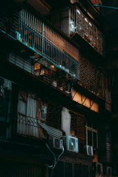 Illuminated urban residential building showcasing balconies and windows at night.