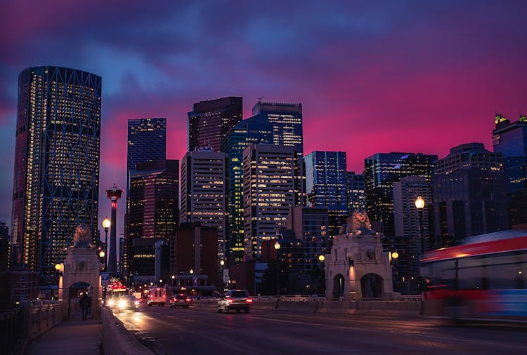 Skyline Of Downtown Calgary At Sunset, Alberta, Canada 