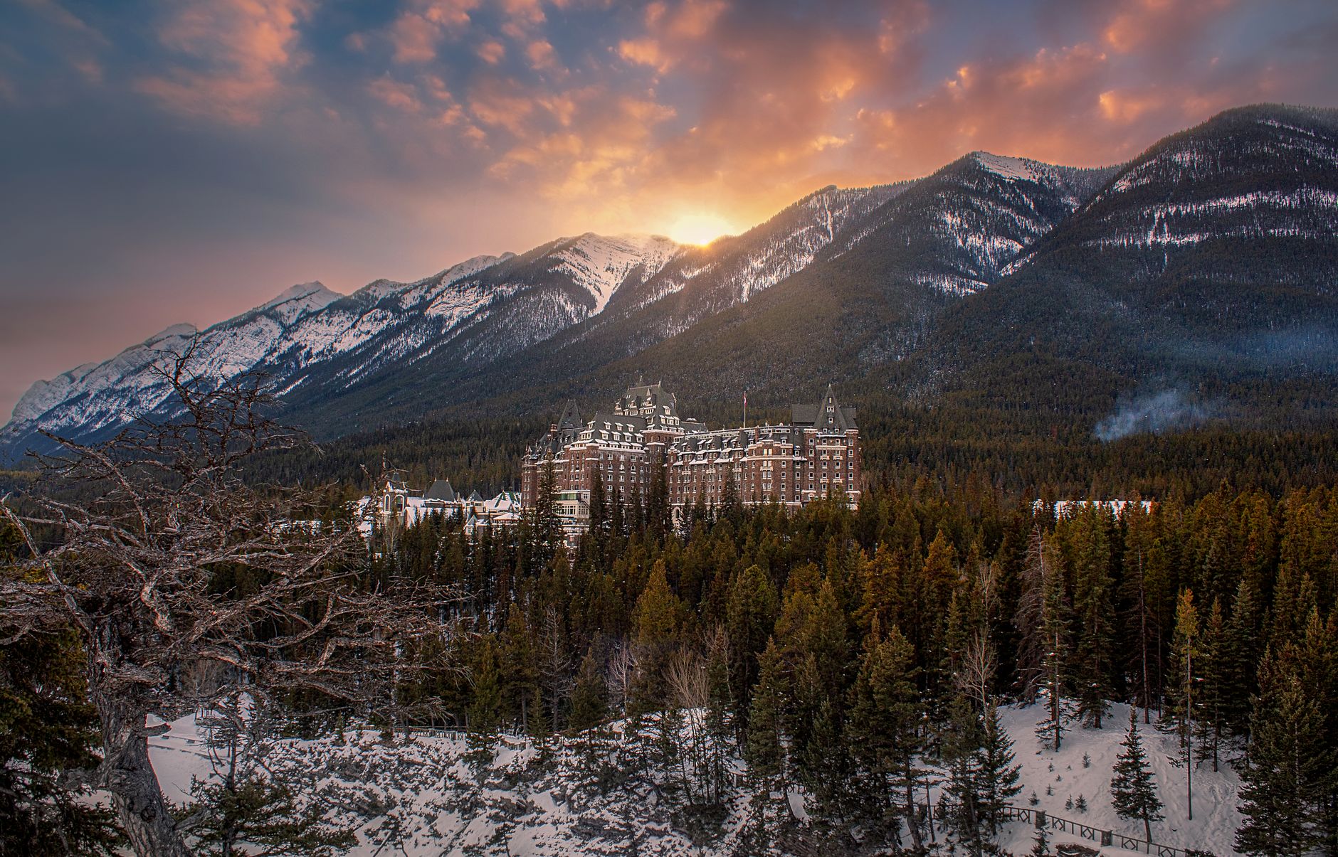 Banff Springs Hotel at sunset, a common overnight pairing with Rocky Mountaineer days