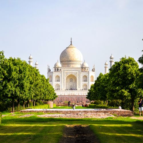 Free Captivating view of the iconic Taj Mahal framed by lush green trees, under a clear blue sky. Stock Photo