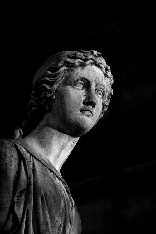 Free Striking black-and-white portrait of a classical sculpture showcasing intricate details. Stock Photo
