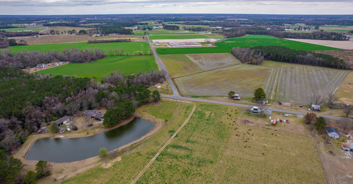 Explore the sprawling farmlands and scenic countryside of North Carolina in this aerial image.