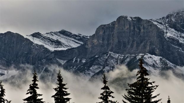Scenic view of snowcapped mountains and foggy pine trees in Canmore, Alberta, creating a dramatic winter landscape.
