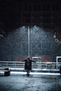 Person stands under streetlight at night, surrounded by falling snow.