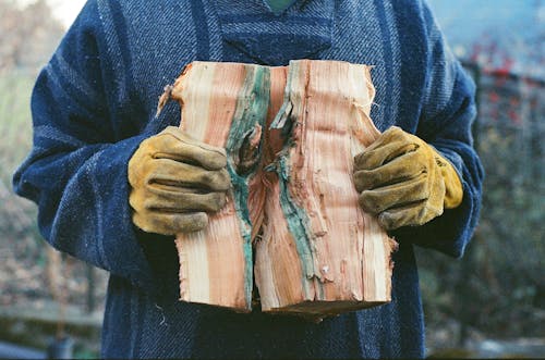 Free Man Holding Piece Of Wood Chopped in Half Stock Photo
