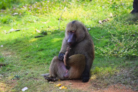 A baboon sitting calmly on a grassy field in Tirupati, India, showcasing its natural habitat.