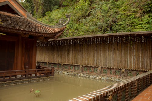 Water around a Wooden Buddhist Temple