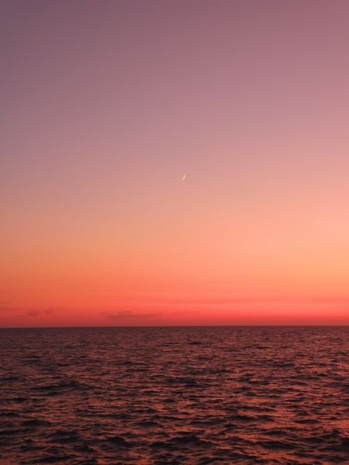 Free A calming ocean sunset scene featuring a crescent moon against a vibrant pink and orange sky. Stock Photo
