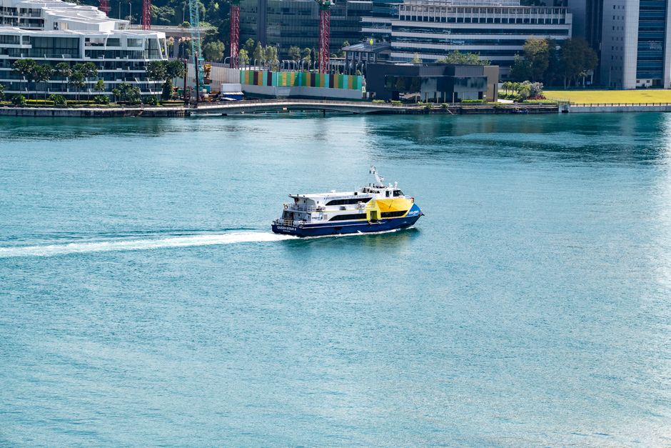 A Bahamas Ferries vessel departing from Nassau harbor, connecting Bahamian islands.