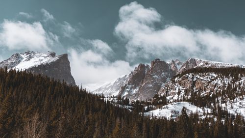 Free Snow-covered mountains and pine trees under a cloudy sky in Colorado's winter landscape. Stock Photo