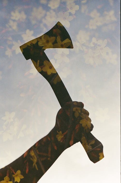 Free Double Exposure of Man Holding Axe and Yellow Flowers Stock Photo