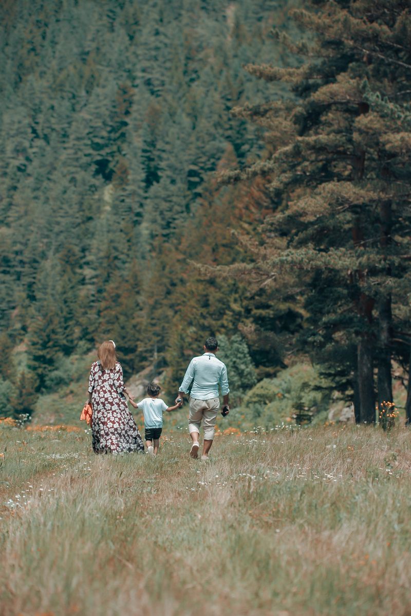 Family hiking through a forest path