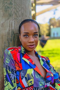 Vibrant portrait of an African woman in colorful attire outdoors, exuding confidence.