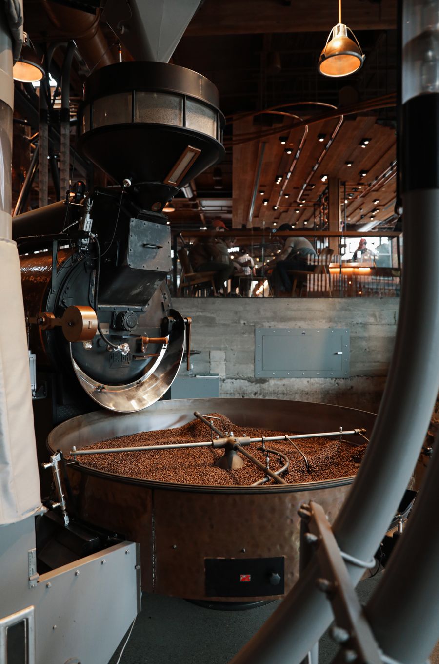 Beans cooling in the tray of the drum roaster