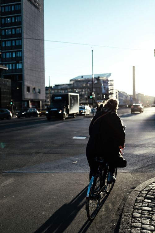 Free A person riding a bicycle on a street in Copenhagen during early morning hours. Stock Photo