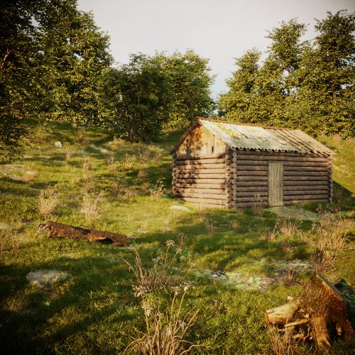 Free A quaint wooden cabin nestled in a lush, grassy landscape with vibrant foliage around. Stock Photo