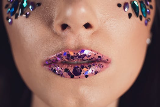 Close-up of vibrant glitter makeup on lips, featuring colorful gems. Perfect for fashion and beauty themes.