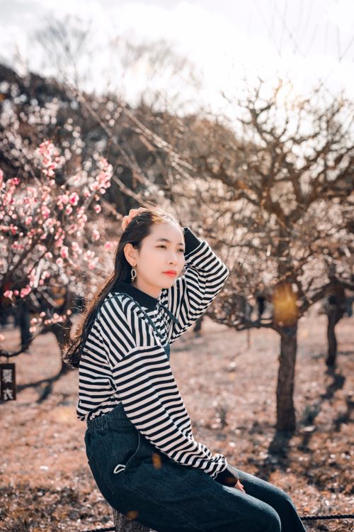 Free Beautiful Asian woman in a striped sweater, sitting outdoors with blooming trees, enjoying springtime. Stock Photo