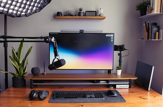 Sleek modern home office setup featuring a computer monitor, microphone, and desk accessories.
