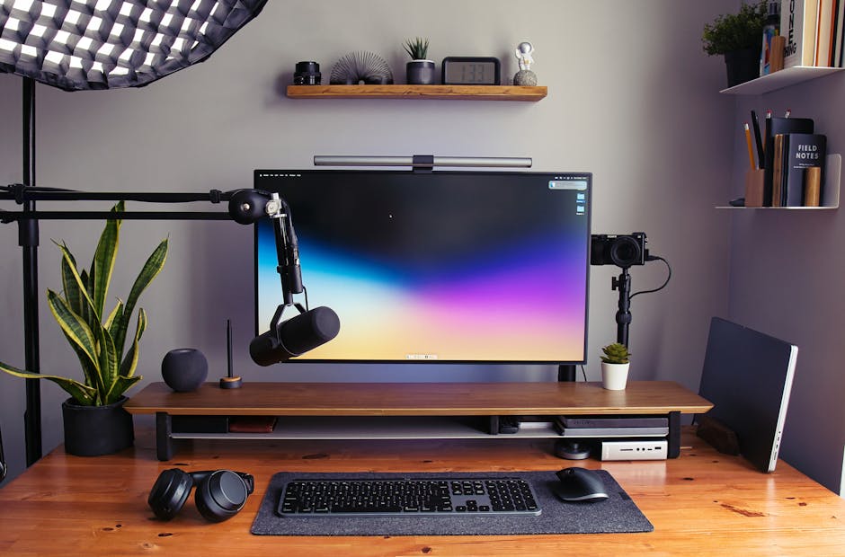 Sleek modern home office setup featuring a computer monitor, microphone, and desk accessories.