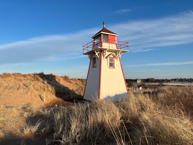 Covehead Harbour Lighthouse In Prince Edward Island, Canada Under Blue Sky