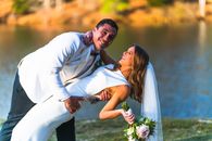 Man in White Dress Shirt Hugging Woman in White Dress