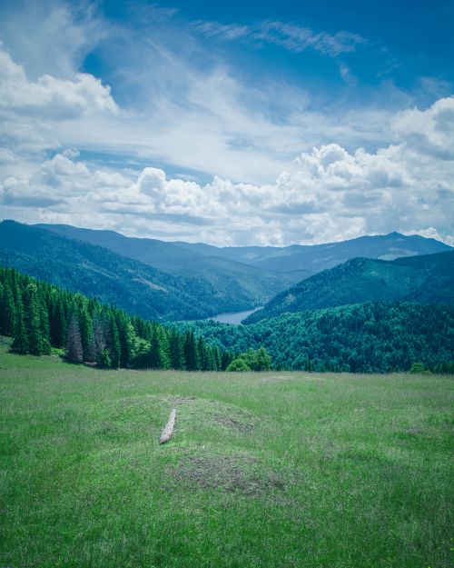 Free Breathtaking mountain view with green fields and trees under a vibrant blue sky, perfect for nature enthusiasts. Stock Photo