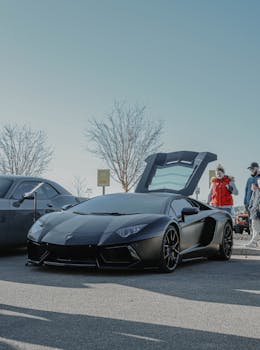 Showcasing a sleek black Lamborghini Aventador parked with open doors on a sunny day.