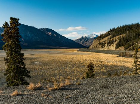 Breathtaking view of a Canadian valley with mountains and forest under a clear blue sky.