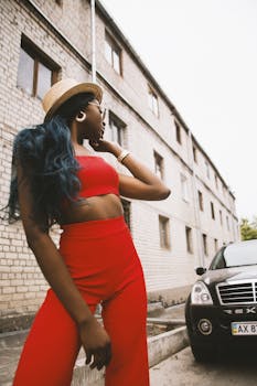 一位时尚的红衣女子在城市街道上驾车，并在户外摆着姿势