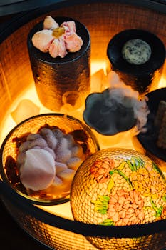 Beautifully presented gourmet dessert platter with artistic design and ambient lighting.