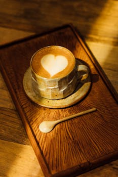 A rustic coffee cup with heart-shaped latte art on a wooden tray.