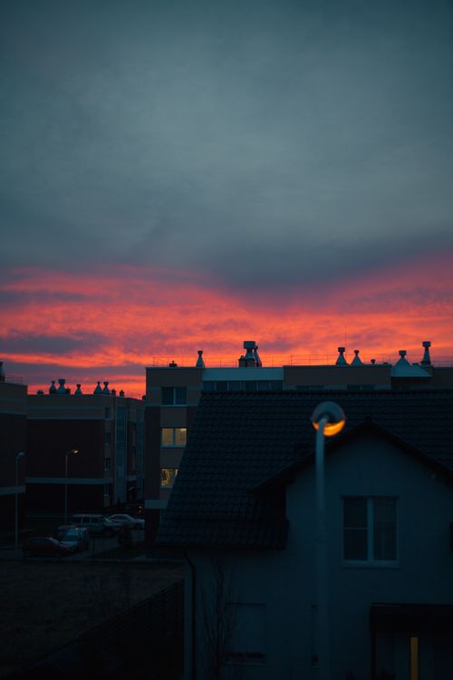 Free Scenic evening view of a dramatic sunset over urban landscape in Kaliningrad, Russia. Stock Photo