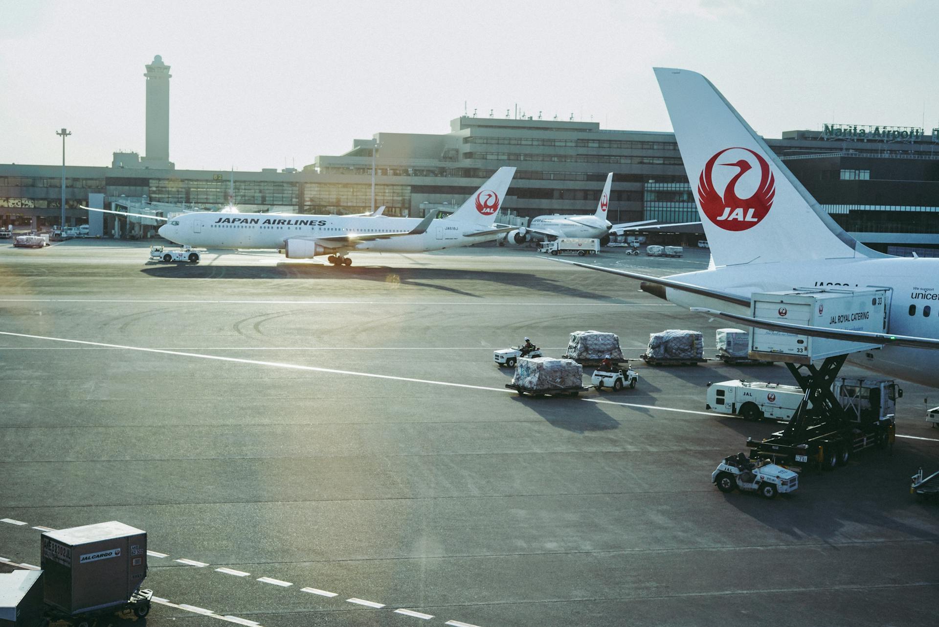 Japan Airlines planes on the tarmac at Narita International Airport in Chiba, Japan.