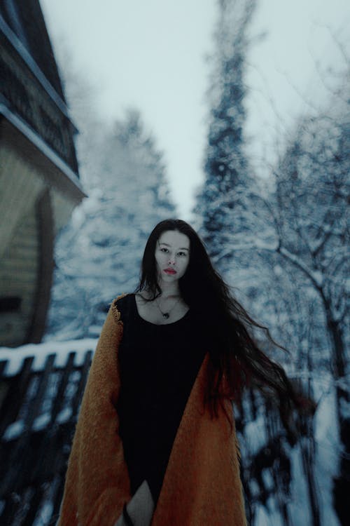 Chica Con El Pelo Largo En Un Plaid, Invierno Ruso.