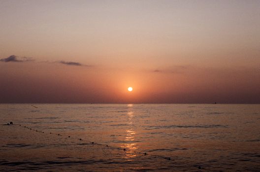 Peaceful sunset reflecting on the calm sea horizon, creating a stunning natural view.