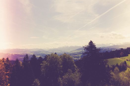 Peaceful mountain scene with trees, sky, and soft light.