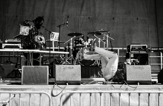 Dynamic monochrome image capturing a live stage performance with musicians and equipment.