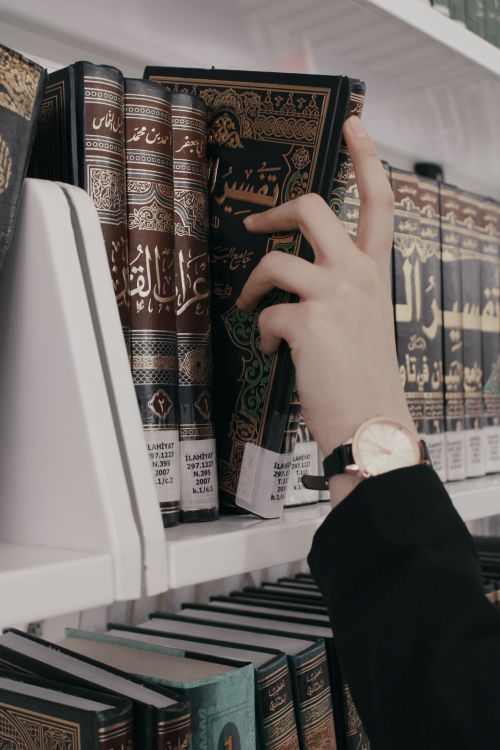 Free Close-up of a hand selecting an Arabic book in a Turkish library. Stock Photo
