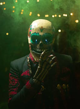 Colorful Día de los Muertos costume with skull mask and jacket in Michoacán, Mexico, surrounded by green mist and lights.