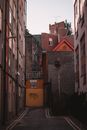 A Brown and Yellow Gate on a Narrow Alley
