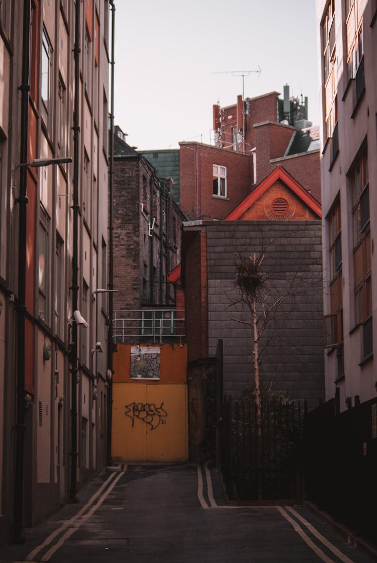 A Brown And Yellow Gate On A Narrow Alley