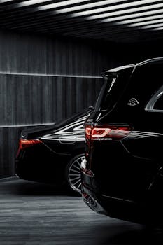Sleek black luxury cars parked indoors with elegant lighting creating a dramatic effect.