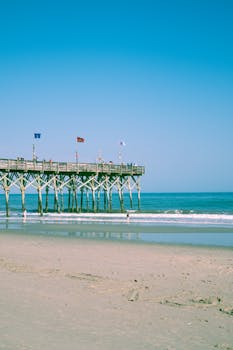 A calm, sunny scene of Myrtle Beach pier extending into the ocean with clear blue skies.