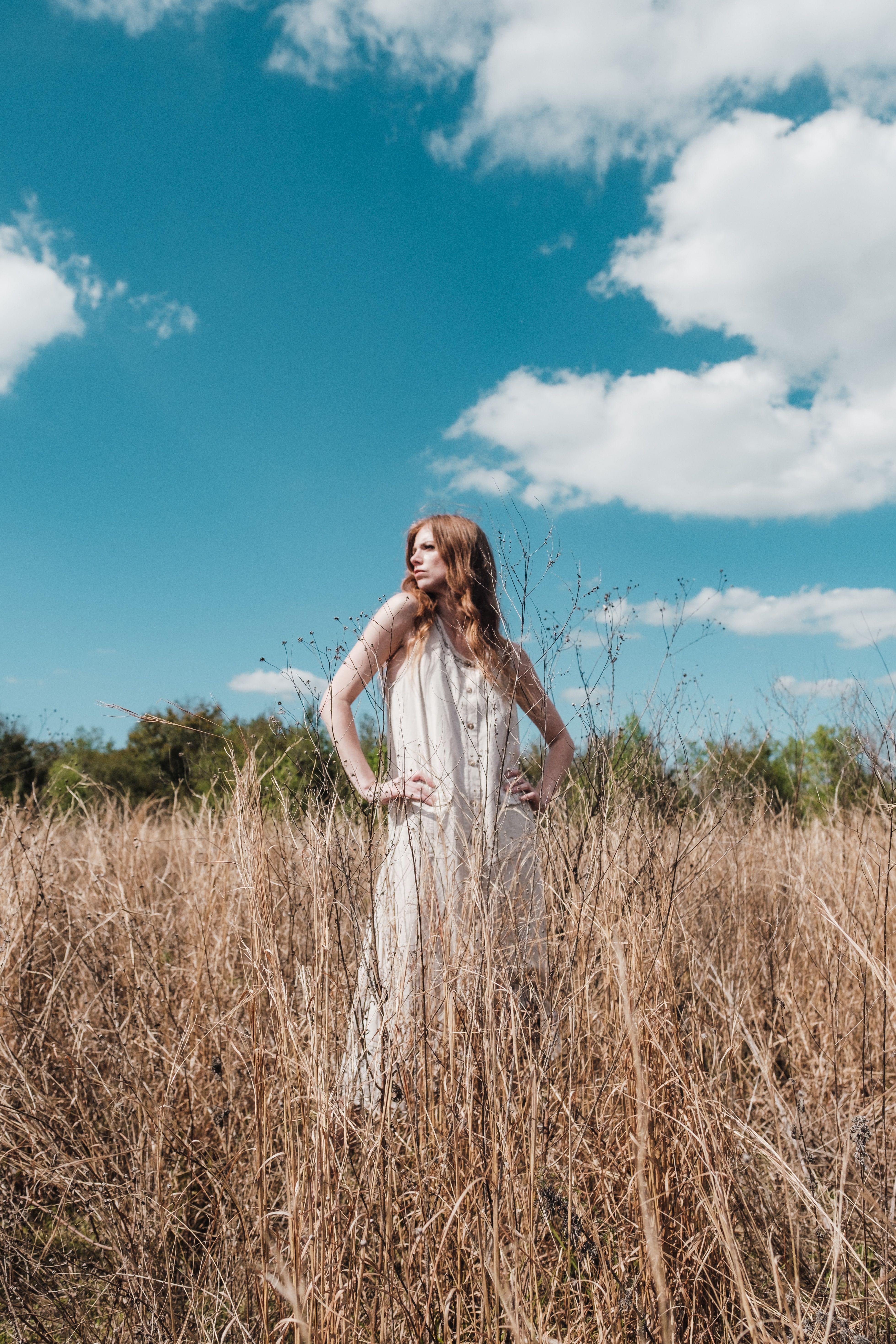 Beautiful Woman in White Dress standing on Brown Grass Field · Free ...