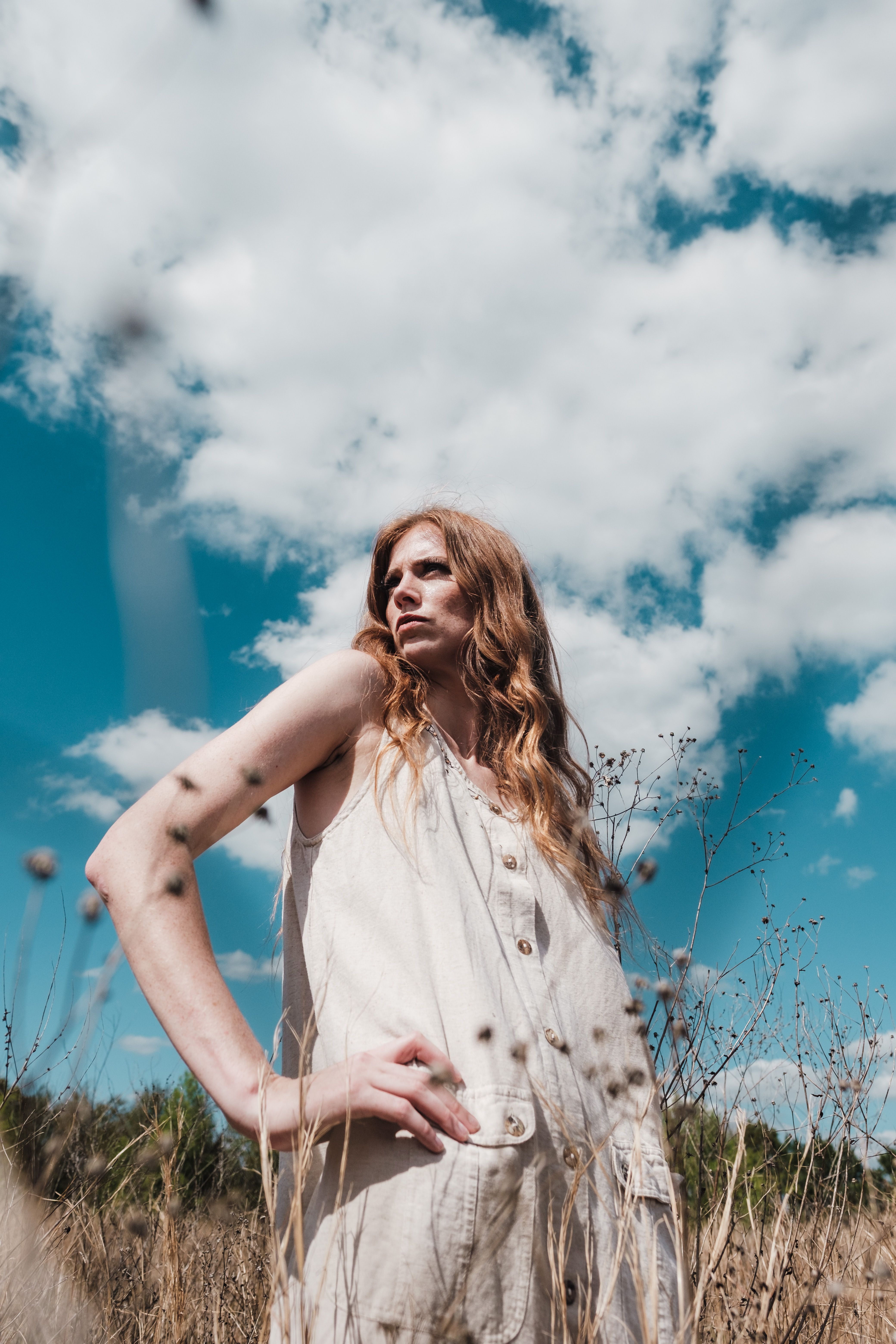 Beautiful Woman in White Dress on a Brown Grass Field · Free Stock Photo