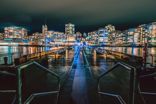 Stunning view of North Vancouver skyline reflecting in the harbor at night.