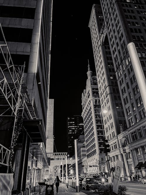 Grayscale Photograph of Buildings in a City